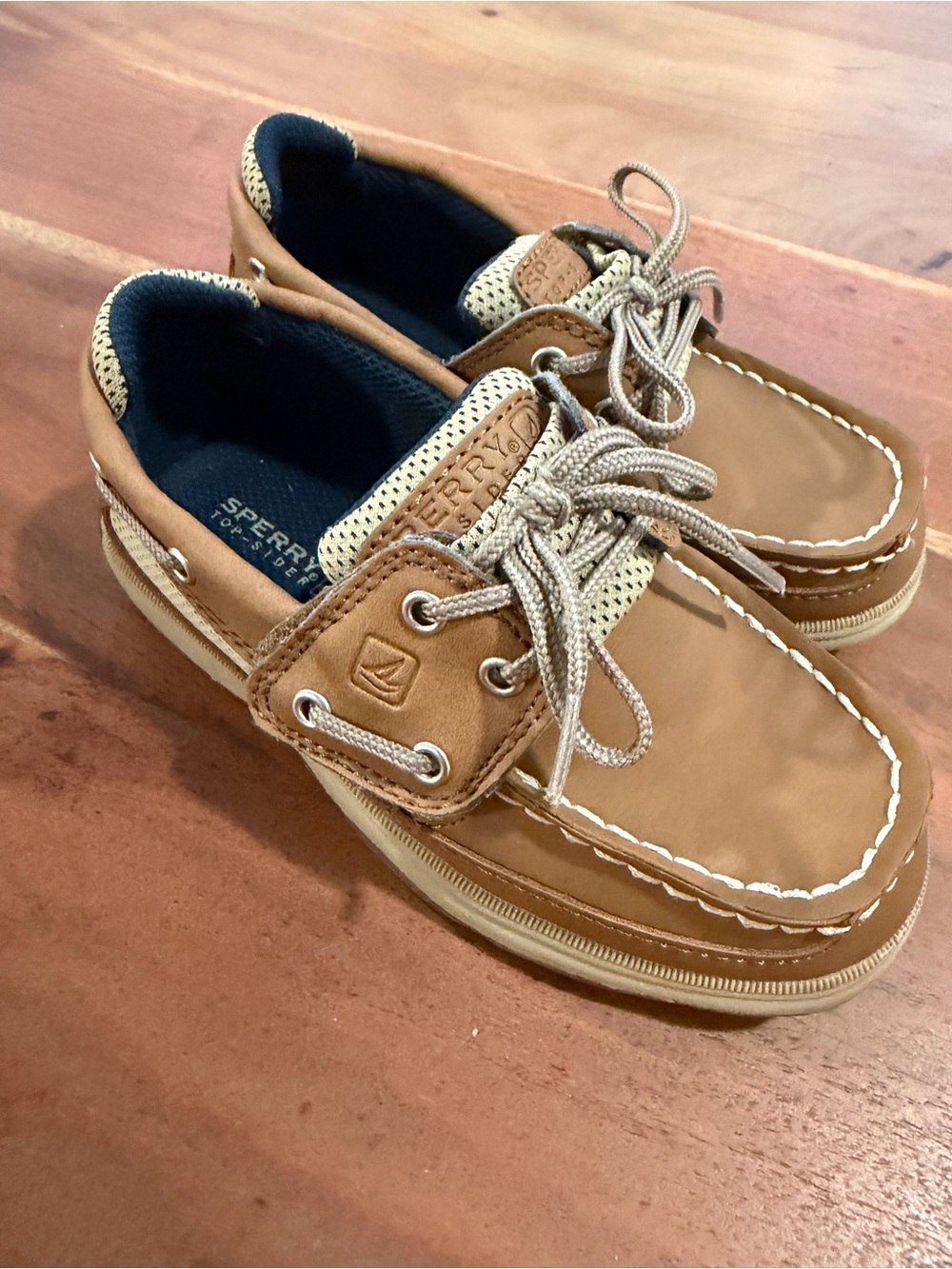 Sperry Kids Tan Leather Boat Shoes with White Stitching